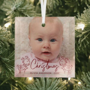 Handgezeichnete Gekritzelhirsche Erstes Weihnachte Ornament Aus Glas