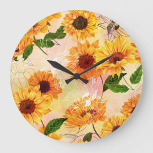 Handgezeichnete gelbe Sonnenblumen Wasserfarbmuste Große Wanduhr