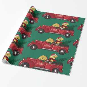 Handgezeichnete Goldendoodles Red Christmas Truck Geschenkpapier