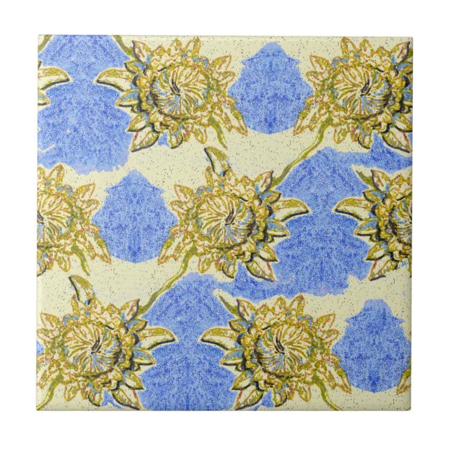 Handgezeichnete goldene Blume mit blauem Hintergru Fliese (Vorderseite)