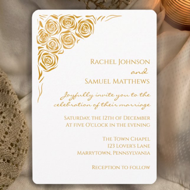 Handgezeichnete Goldene Rose Moderne Hochzeitseinl Einladung (Elegant modern wedding invitation with unique hand drawn golden roses. Stylish, simple.
)