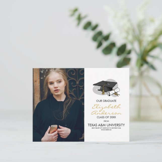 Handgezeichnete Graduierungskappe und Foto Party P Einladungspostkarte (Stehend Vorderseite)
