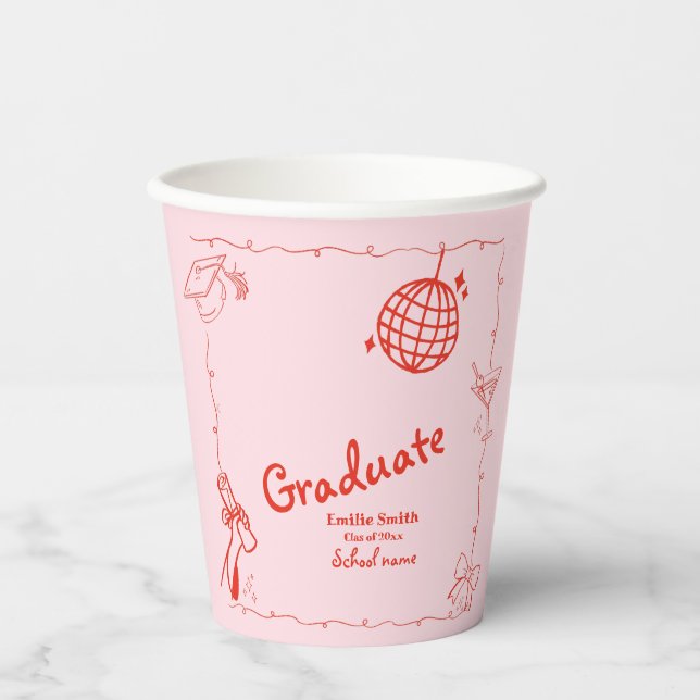 Handgezeichnete Graduierungsparty im Doodles-Stil Pappbecher (Vorderseite)