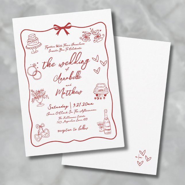 Handgezeichnete, griechische Hochzeit Einladung (Hand Drawn Red Whimsical Wedding Invitation)