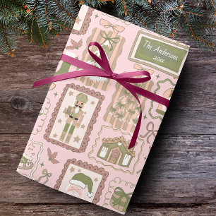 Handgezeichnete grüne Pfirsich-Weihnachtsname nach Geschenkpapier