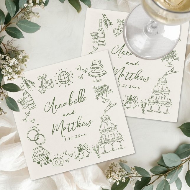 Handgezeichnete grüne Retro-Hochzeit Serviette (Hand Drawn Green Retro Wedding Napkins)