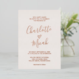 Handgezeichnete Herz-Rose Goldfilm Blush-Hochzeit Folieneinladung