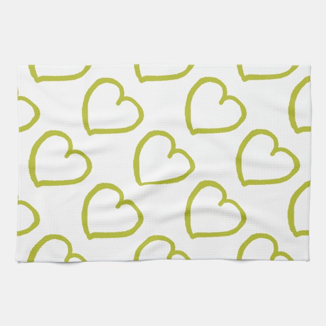 Handgezeichnete Herzen grün auf Weiß Küchentuch (Horizontal)