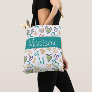 Handgezeichnete Herzen Multicolor-Anfangsmonogramm Tasche