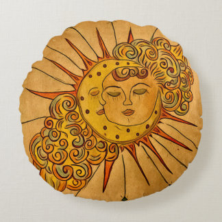 Handgezeichnete himmlische Sonne & Mond  Rundes Kissen