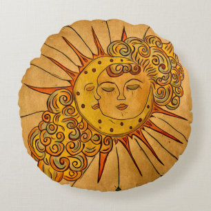 Handgezeichnete himmlische Sonne & Mond Rundes Kissen