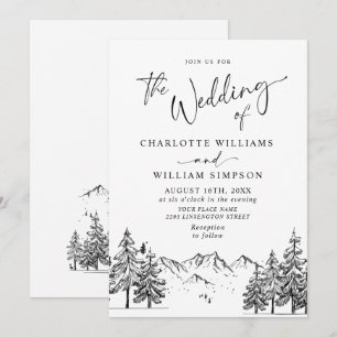 Handgezeichnete Hochzeit im Wald mit Bergen Einladung