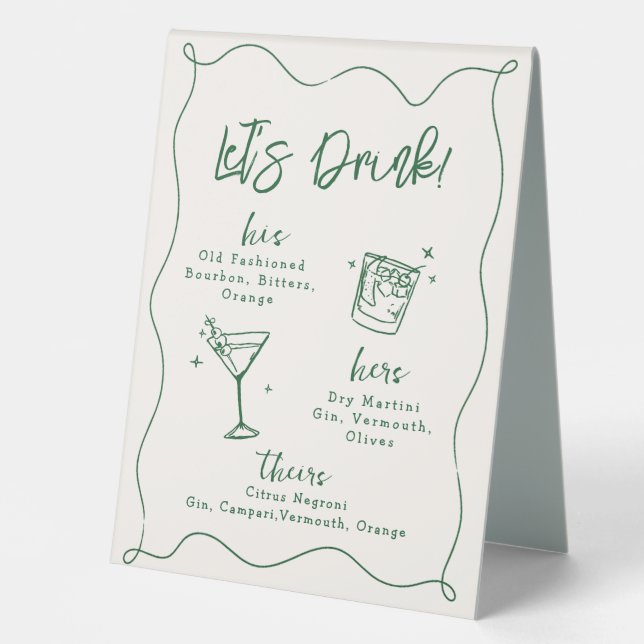 handgezeichnete Hochzeit Unterschrift Cocktails tr Tischaufsteller (Vorderseite)