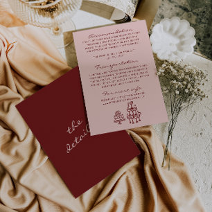 Handgezeichnete Hochzeitsdetails in Rosa und Burgu Begleitkarte