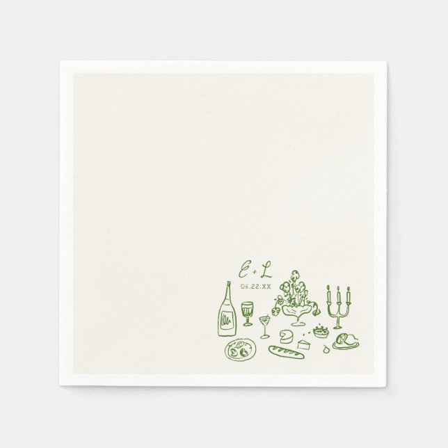 Handgezeichnete Hochzeitsessen-Initialen Serviette (Vorderseite)