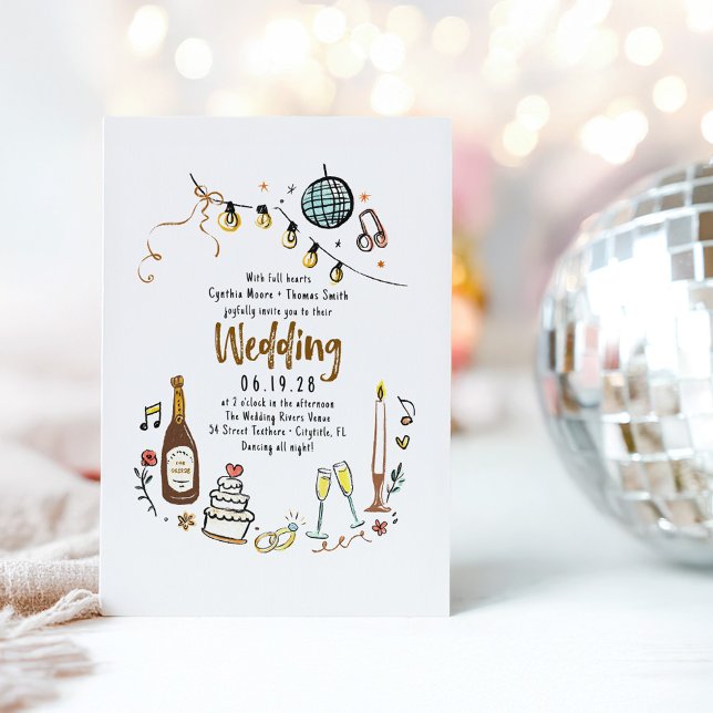 Handgezeichnete Illustrationen Doodles Funky Weddi Einladung (Whimsical Funky Hand Drawn Illustrated Disco Wedding Invitation)