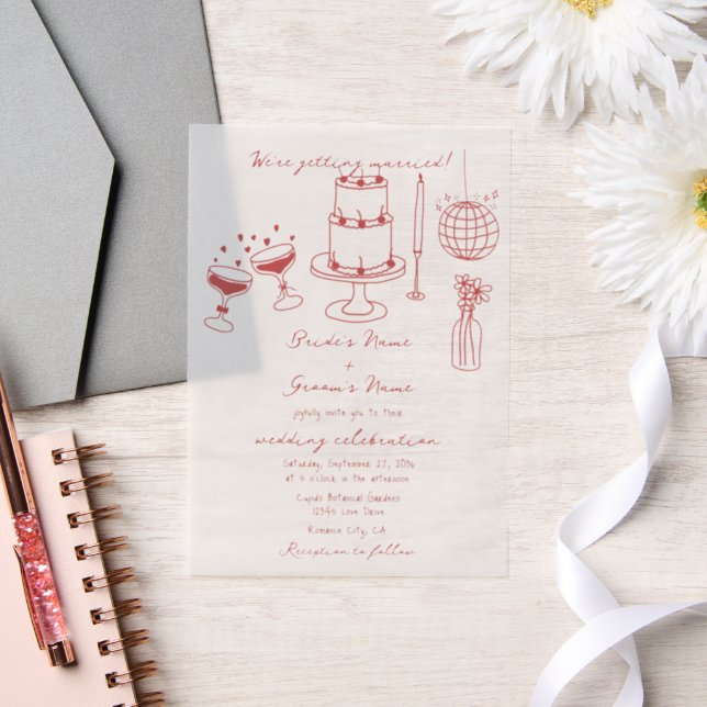 Handgezeichnete Illustrationen Doodles Maroon Hoch (Hochzeit)