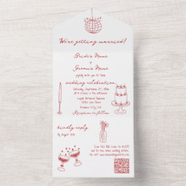 Handgezeichnete Illustrationen Doodles Maroon Hoch All In One Einladung