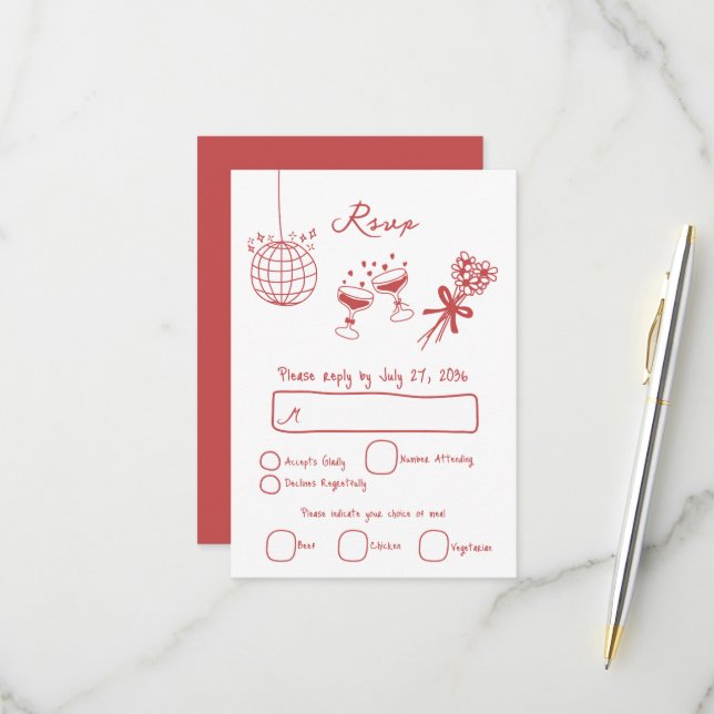 Handgezeichnete Illustrationen Doodles Maroon Hoch RSVP Karte (Vorderseite/Rückseite Beispiel)
