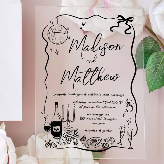Handgezeichnete Illustrationen Doodles Wedding Par Acryleinladungen (Von Creator hochgeladen)
