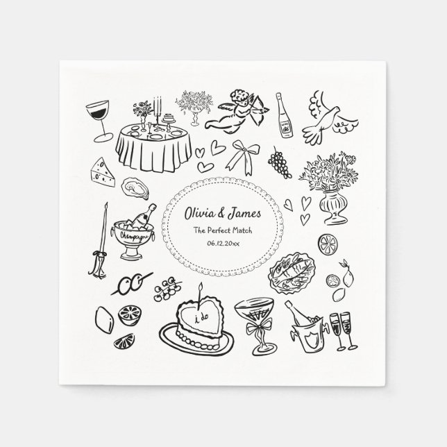 Handgezeichnete Illustrationen, Hochzeit von Bar C Serviette (Vorderseite)