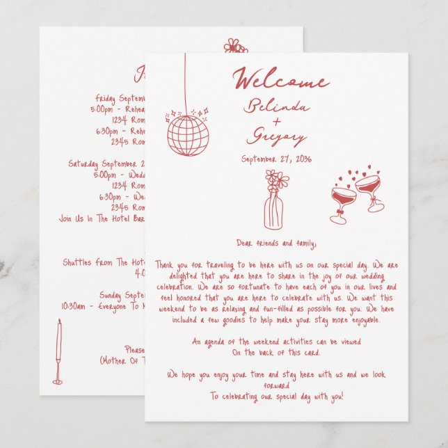 Handgezeichnete Illustrationen Maroon Hochzeitreis (Vorne/Hinten)
