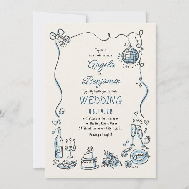 Handgezeichnete Illustrationen Whimsical Retro Hoc Einladung (Vorderseite)
