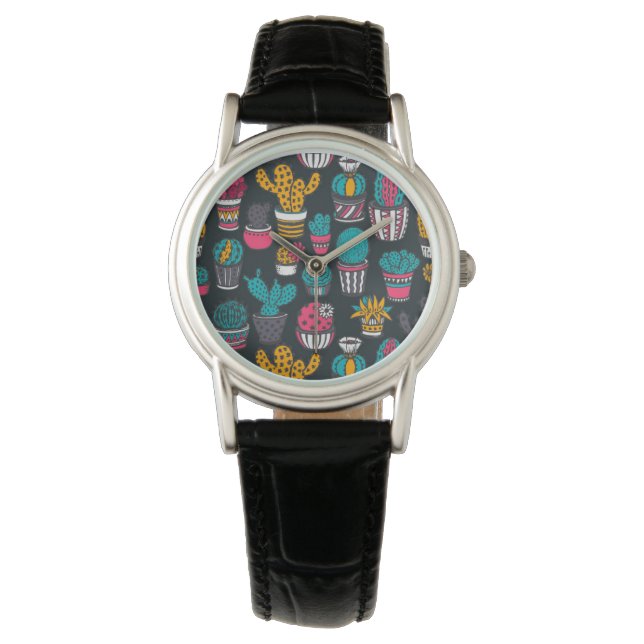 Handgezeichnete Kakteen im Sketch-Style-Muster Armbanduhr (Vorderseite)