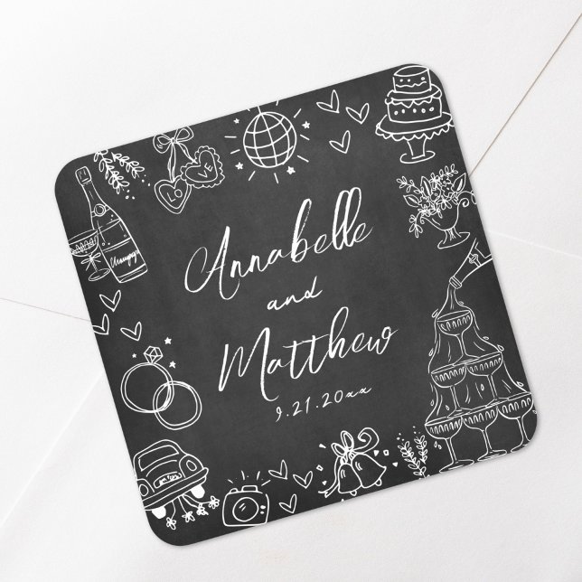 Handgezeichnete Khalkboard Whimsical Wedding Quadratischer Aufkleber (Hand Drawn Chalkboard Whimsical Wedding Square Sticker)