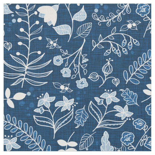 Handgezeichnete klassische Blue-Boho-Blume Stoff (Nahaufnahme)