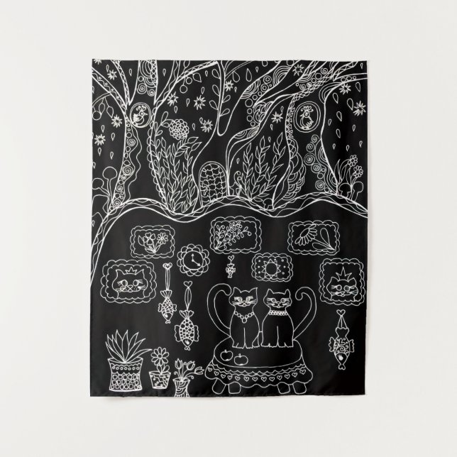 Handgezeichnete, komplizierte Katzen Wandteppich (Vorderseite)