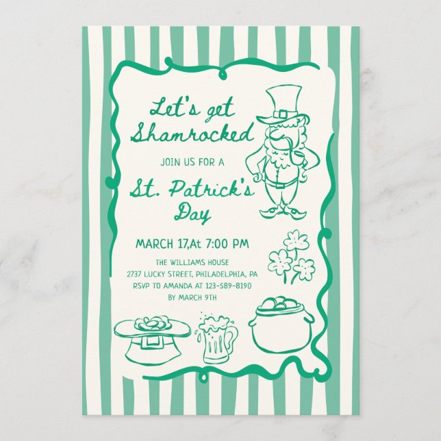 Handgezeichnete Kritzel-Doodle Grüner St. Patrick' Einladung (Vorderseite)