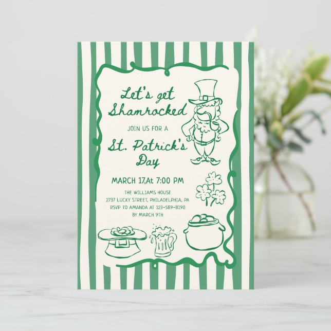 Handgezeichnete Kritzel-Doodles Grüner St. Patrick Einladung (Stehend Vorderseite)