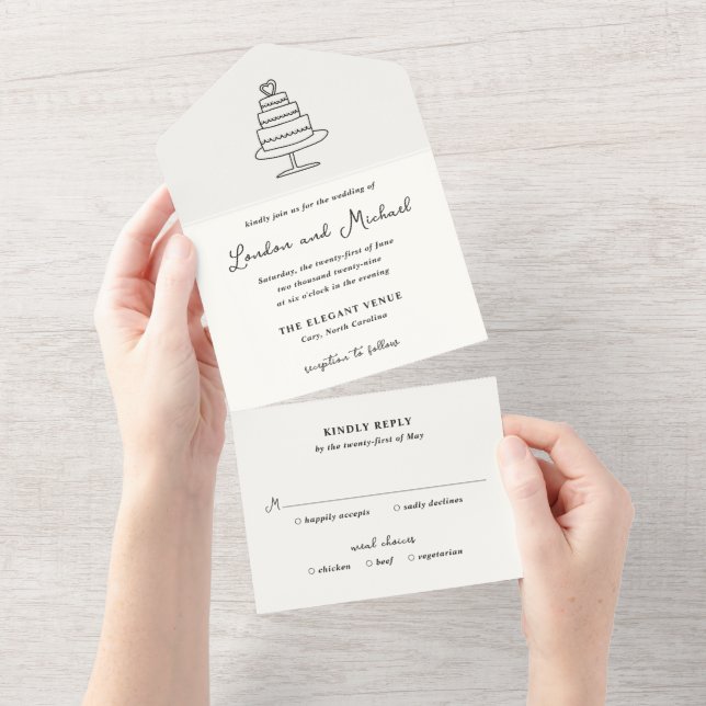 Handgezeichnete Kuchen Doodle Moderne Hochzeit All In One Einladung (Abreißen)