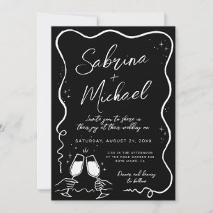 Handgezeichnete Kurvy Whimsical Black Wedding Einladung
