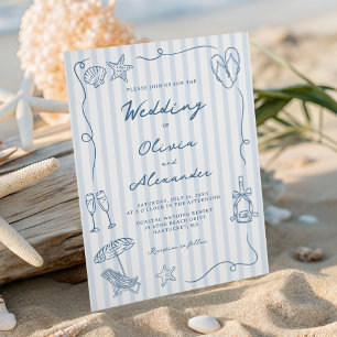 Handgezeichnete Küsten-Hochzeit in staubigem Blau  Einladung
