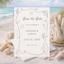 Handgezeichnete Küstenstrand Elfenbein-Taupe-Sand- Save The Date