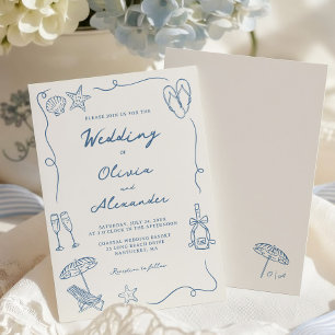 Handgezeichnete Küstenstrand-Hochzeit in Staubblau Einladung