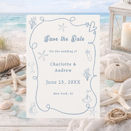 Handgezeichnete Küstenstrand-Hochzeit in staubigem Save The Date