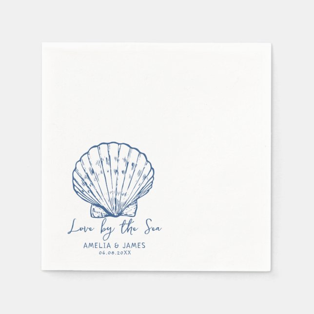 Handgezeichnete Liebe am Meer Seashell Hochzeit Serviette (Vorderseite)