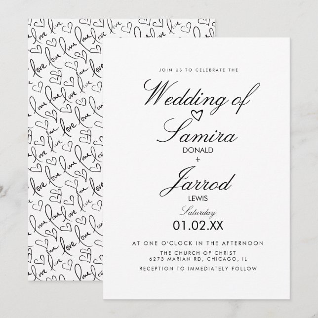 Handgezeichnete Liebe und Herz-Doodle-Hochzeit Einladung (Vorne/Hinten)