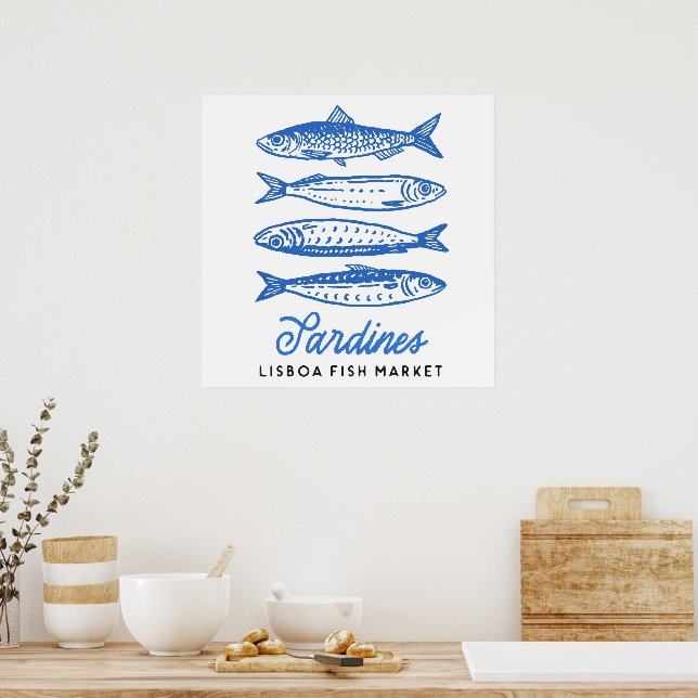 Handgezeichnete Lisboa Fischmarkt Sardinen Poster (Küche)
