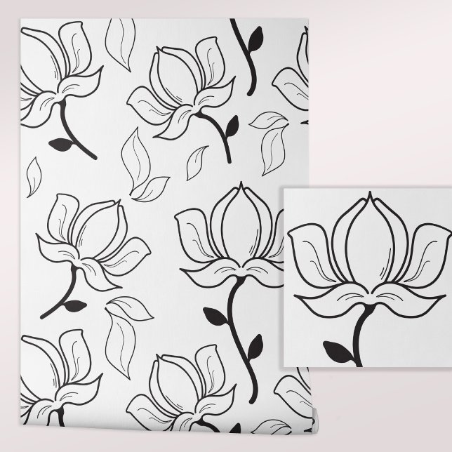 Handgezeichnete Magnolias Schwarz-weiß Tapete (Stylish Magnolia Pattern Peel and Stick Wallpaper.)