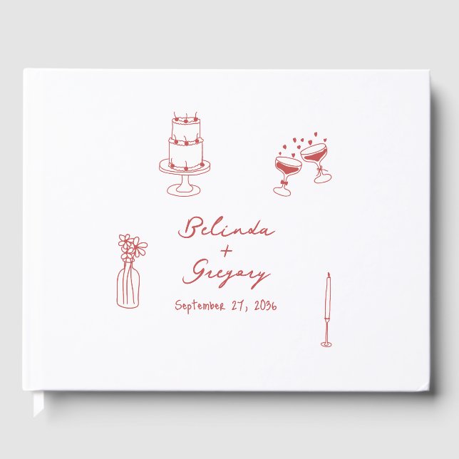 Handgezeichnete Maroon Illustrations Doodles Hochz Gästebuch (Vorderseite)