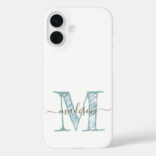 Handgezeichnete Monogram Blue Green iPhone 16 Hülle