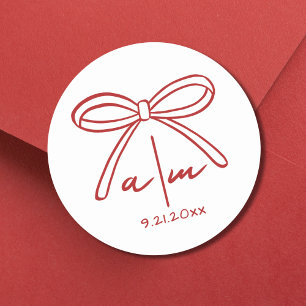 Handgezeichnete Monogramm-Roter Bow-Hochzeit Runder Aufkleber