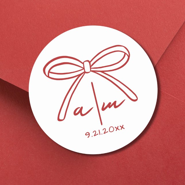 Handgezeichnete Monogramm-Roter Bow-Hochzeit Runder Aufkleber (Hand Drawn Monogram Red Bow Wedding Classic Round Sticker)