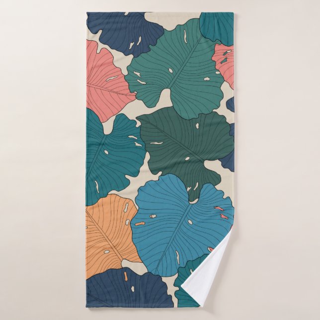 Handgezeichnete Monstera-Blätter in Orange, Rosa,  Badehandtuch (Badehandtuch)