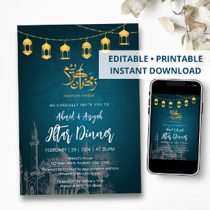Handgezeichnete Moschee-Skizze & Goldlaterne Iftar Einladung