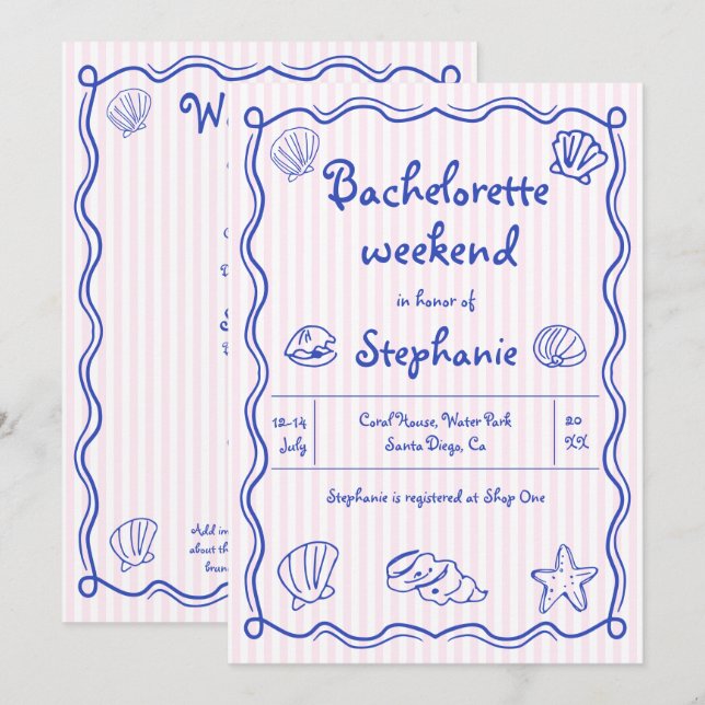 Handgezeichnete Muscheln Rosa Bachelorette Einladung (Vorne/Hinten)